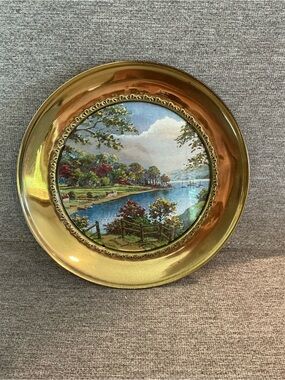 #861 GUC Vintage Rego Brass and Foil Artwork Wall Plate Set of 3